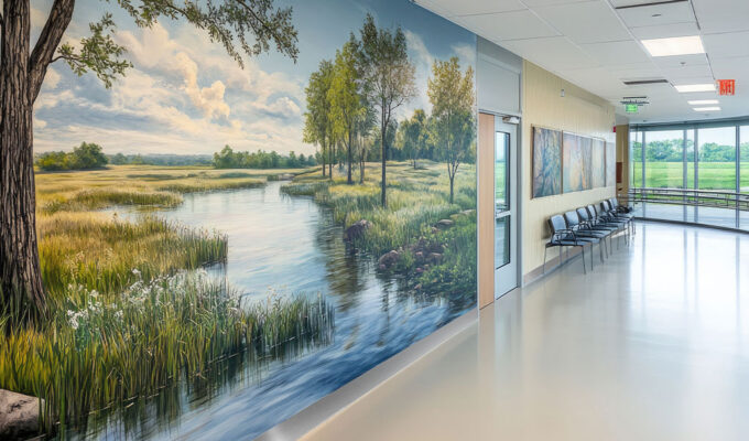 aluminum wallcovering trims combined with wallcovering mural
